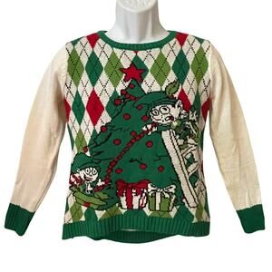Ugly Christmas Sweater Elves Making Mayhem Argyle Holiday Sweater Size Small